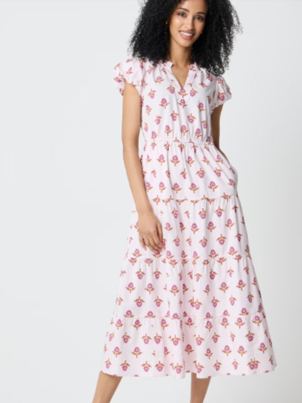 NWT Women's J. Crew White/Light Pink Floral Midi Dress Smocked Waist - 8